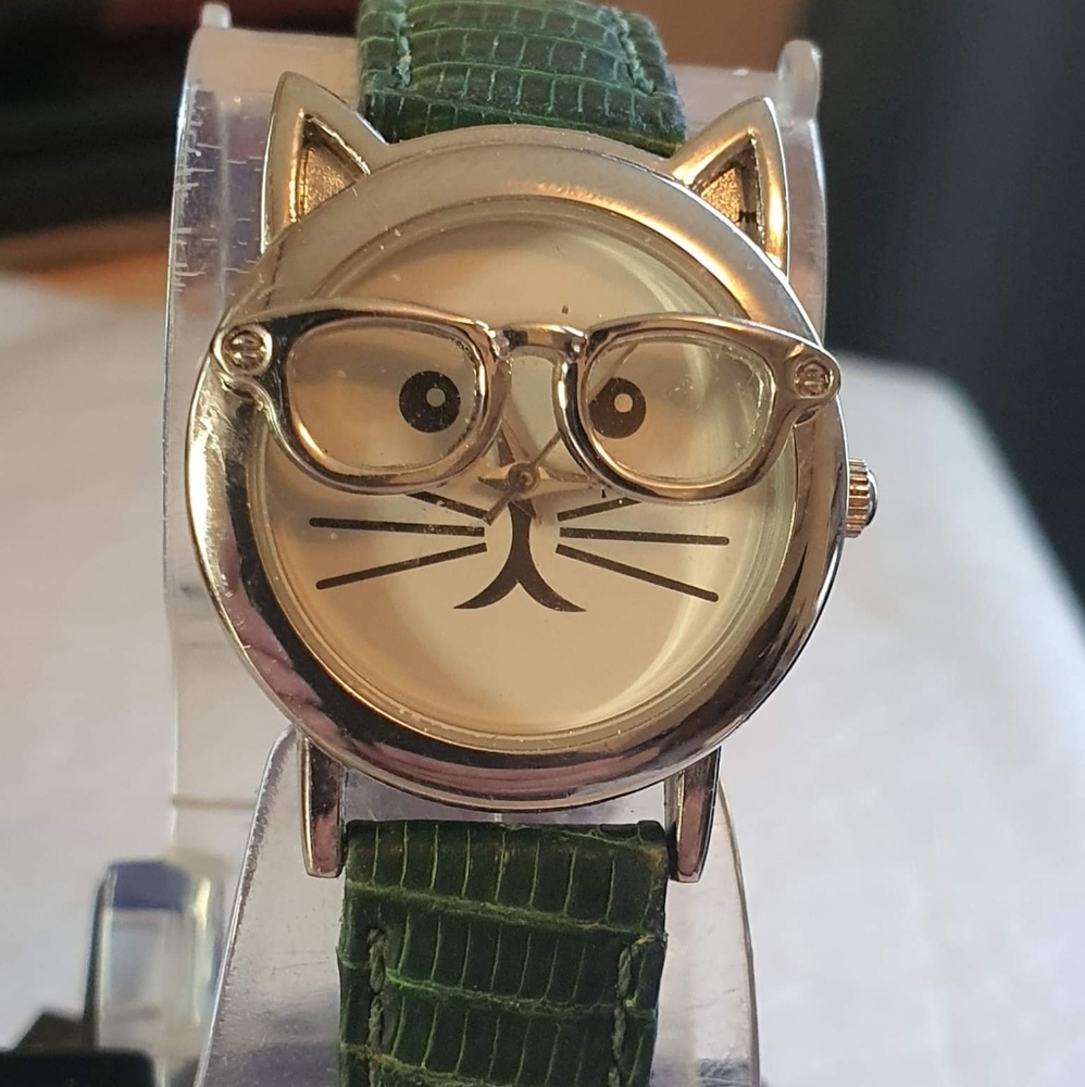 Charming Charlie Cat Face Watch with Green Strap